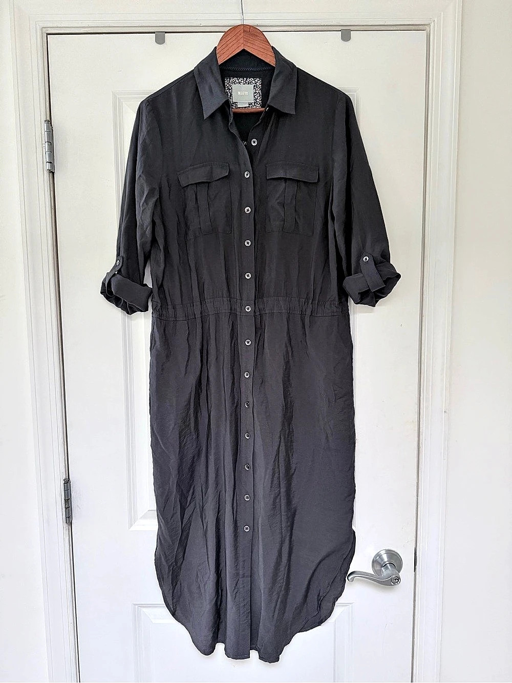 Anthropologie Maeve Jemima Charcoal Gray Button Front Midi Utility Shirt Dress 8